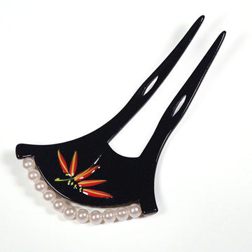 Acrylic 2-Prong Floral Geisha Hair Stick Fork w/ Pearls Black
